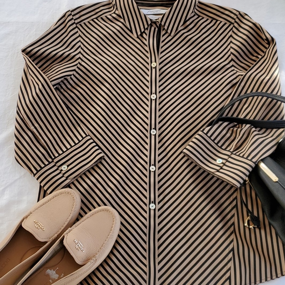 Classy FOXCROFT NYC striped cotton blouse women's 12 - No Iron